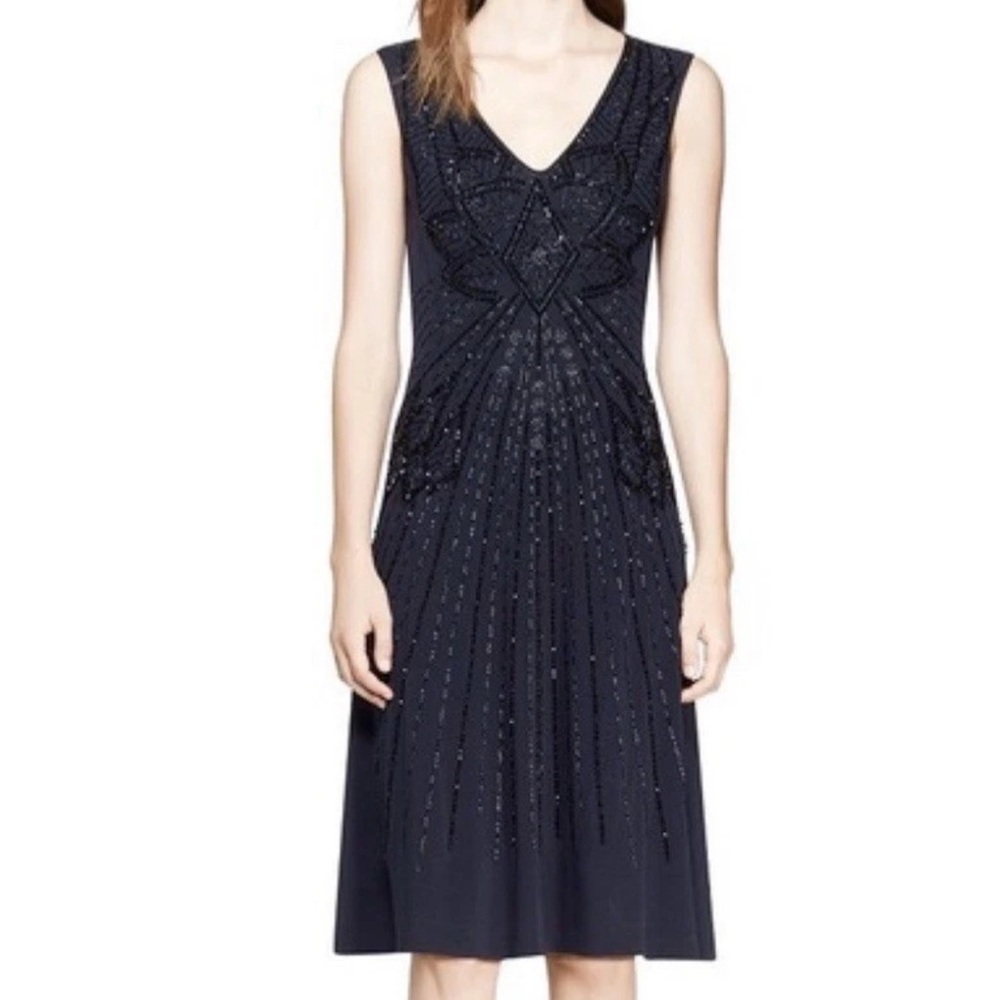 Tory Burch dark navy rayon knit a-line Sheath Midi Dress with black beading